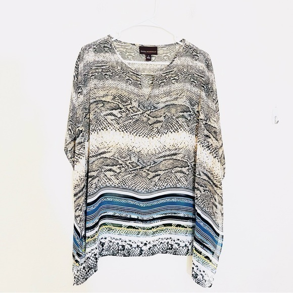 Dana Buchman Butterfly Sleeve Snake Print Sheer Poncho Top Small Brown/Black